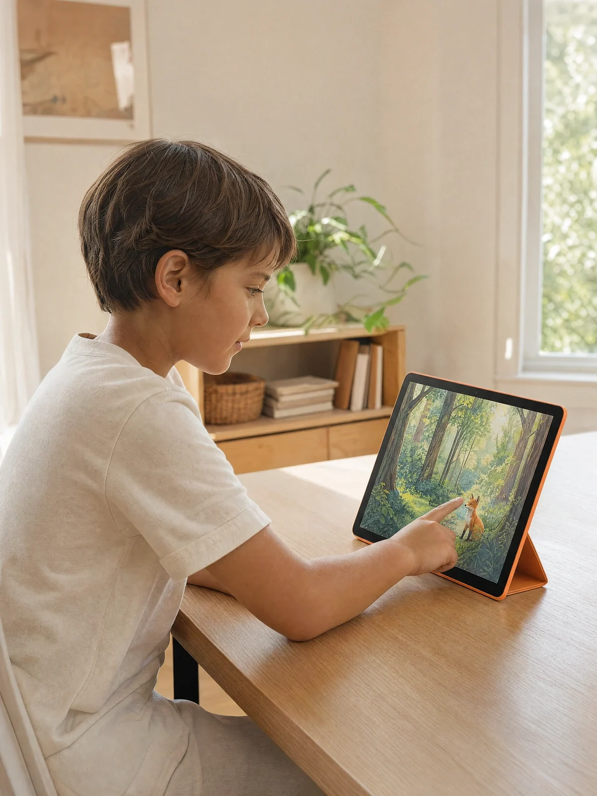 A child discovering stories on an orange tablet