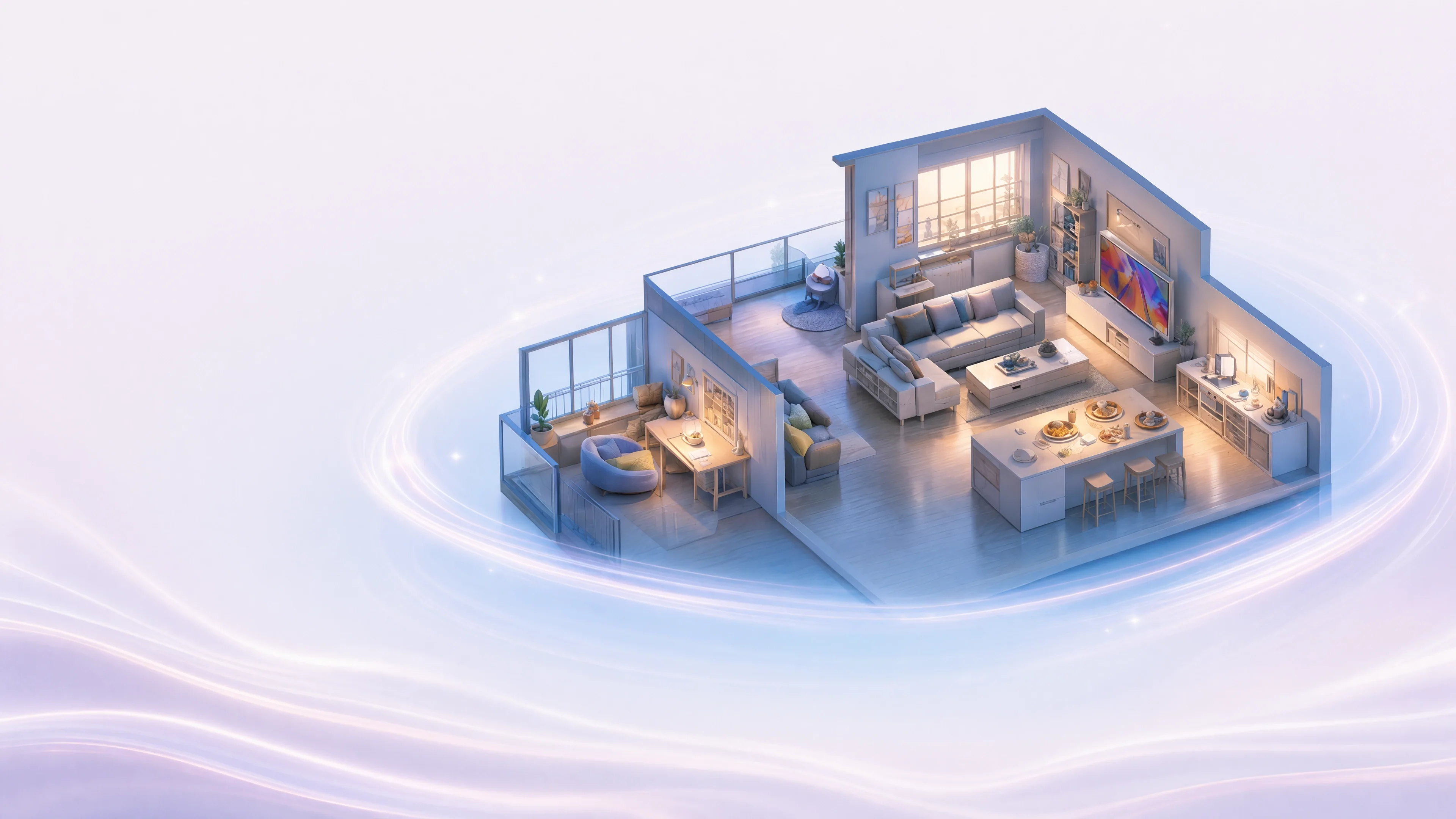 The original LUMIQ blue isometric house, with learning, companionship and family routine hotspots