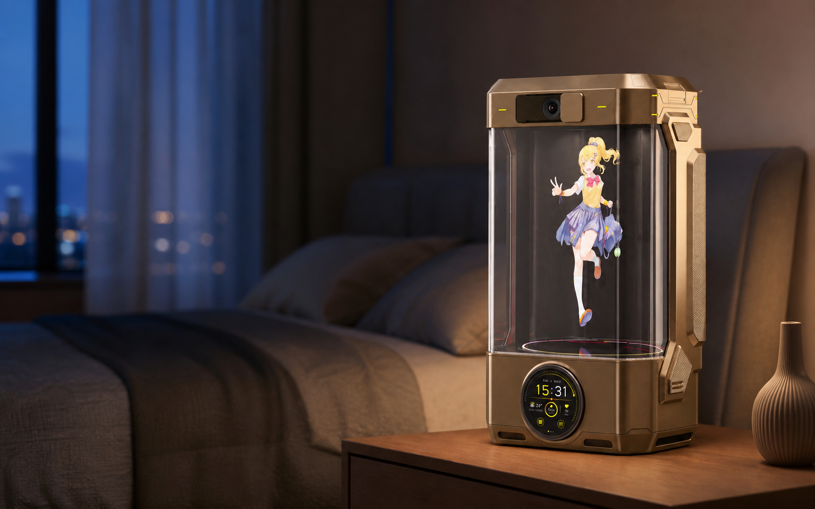 Lumiq Ola on a bedside table in a quiet bedroom