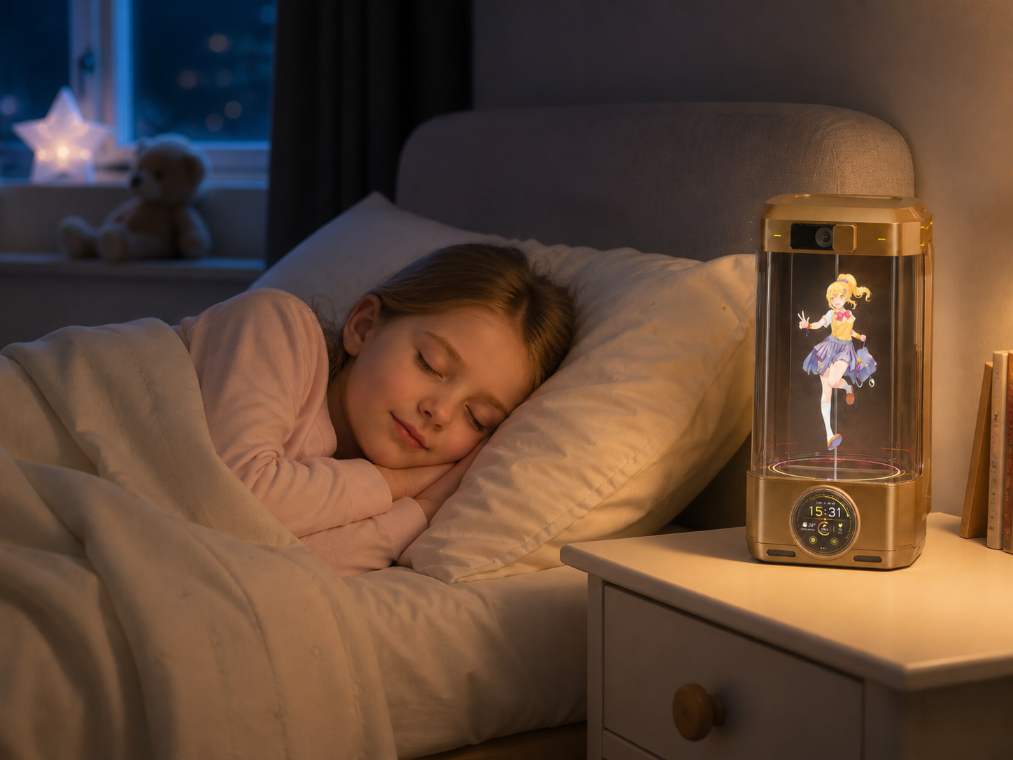 A white child sleeping peacefully with Lumiq Ola illuminated on the bedside table