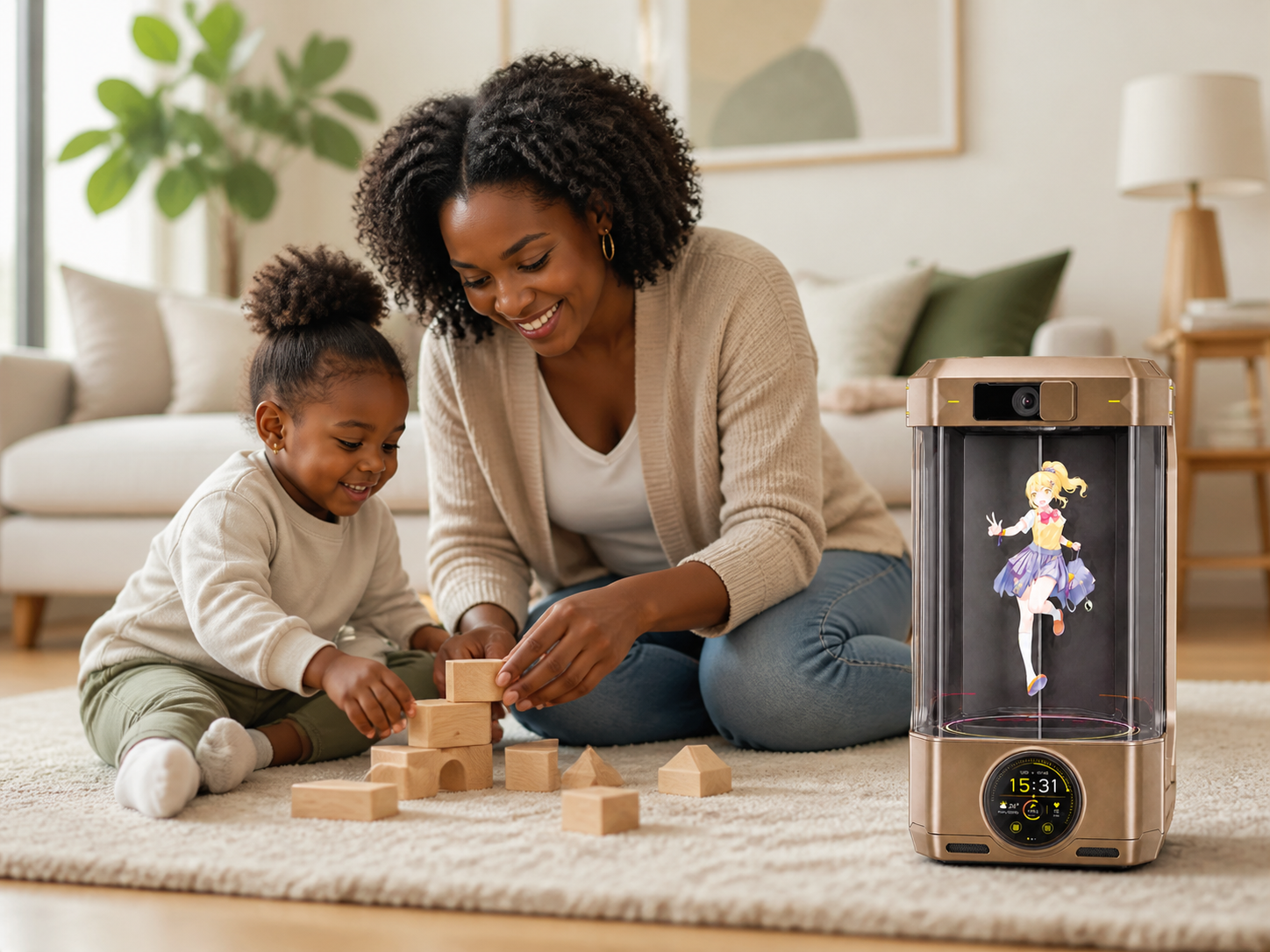 A Black mother and child playing with wooden blocks while Lumiq Ola accompanies them