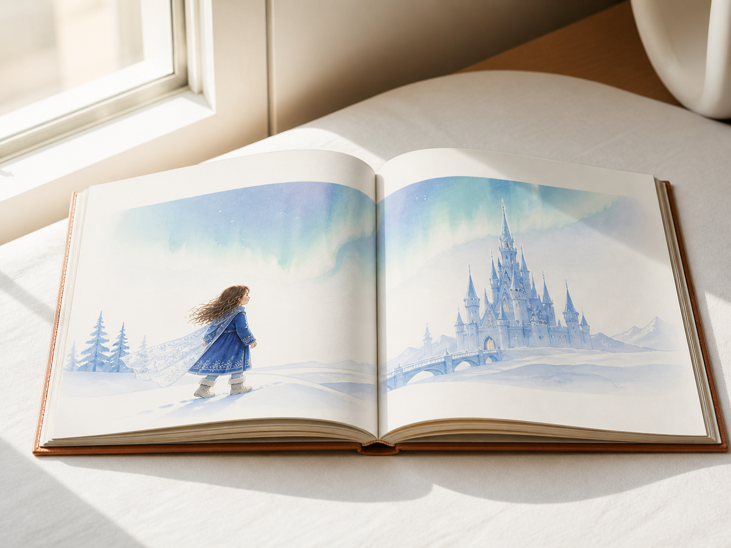 Open Lumiq Print storybook with a simple blue illustration of a child approaching an ice castle