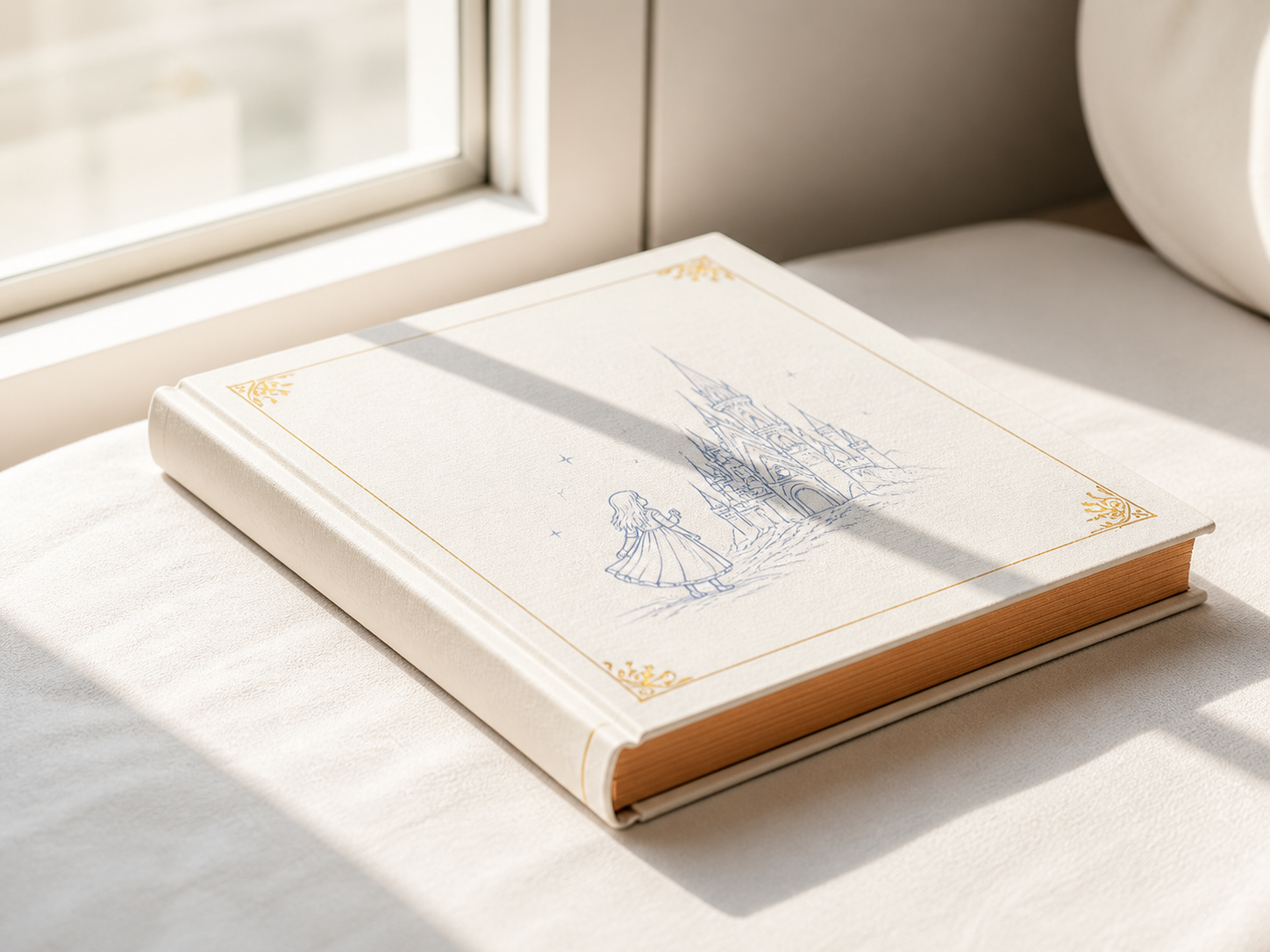 Lumiq Print hardcover storybook in a clean sunlit setting