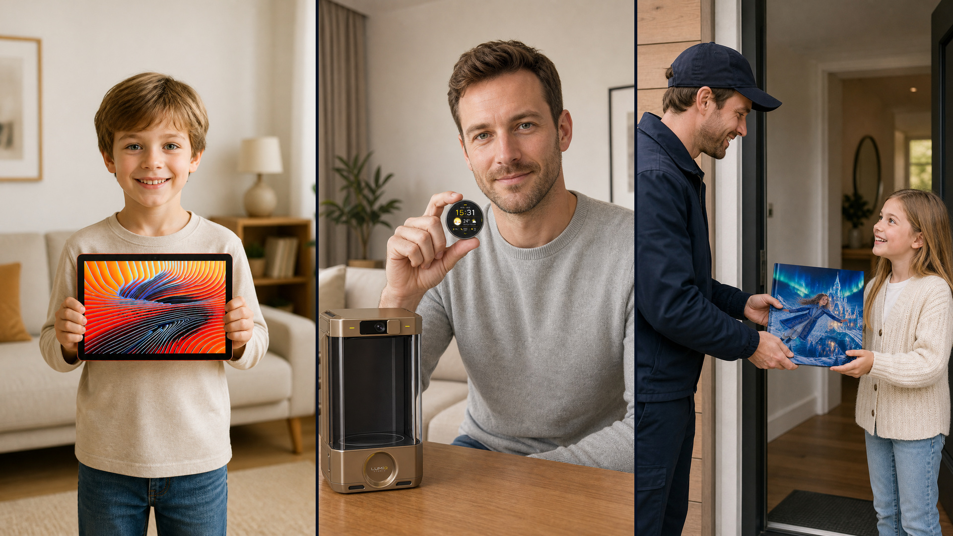 Three Lumiq family moments: a child with Lumiq Tablet, a man holding Lumiq Ola Go beside Lumiq Ola, and a courier delivering Lumiq Print