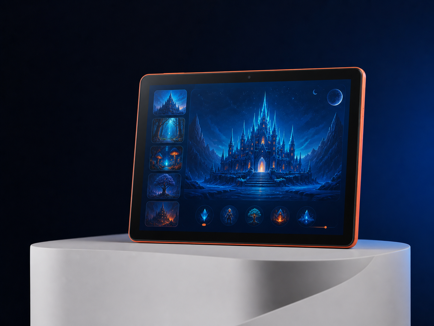 Lumiq Tablet displaying a magical story world on a white pedestal